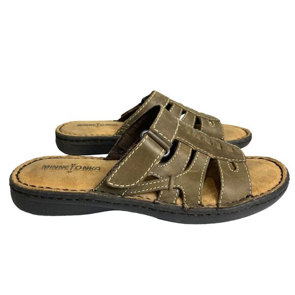 Minnetonka Slip On Leather Sandals Womens 7 Brown with Hook & Loop Closure - Picture 3 of 9